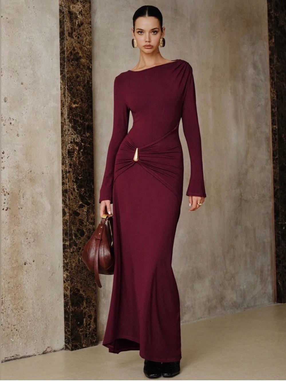 Commense new Elegant Long Sleeve Twist-Front Maxi Dress in Deep Burgundy
